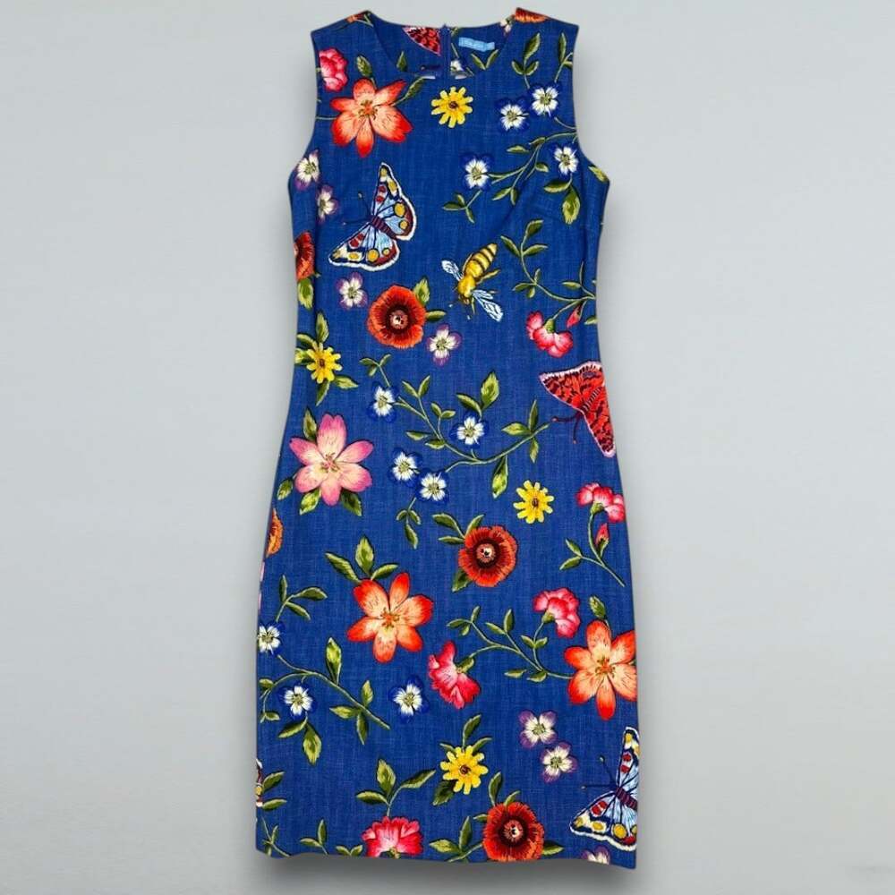 Floral Butterfly Bee Sheath Dress Sleeveless Blue Midi Garden Party XS